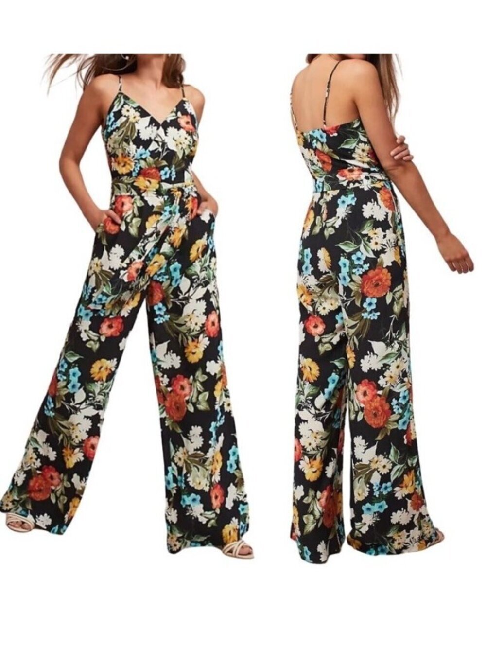 Yumi Kim x Anthropologie Roe Jumpsuit Sz M Black Morning Glory Floral Wide Leg